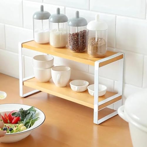 Decorlay Metal & Wooden Spice Rack Organizer Space Saver Counter-top Storage for Kitchen, Bathroom, Office, and Cosmetics (White + Beech, Two - Tier) - Image 1