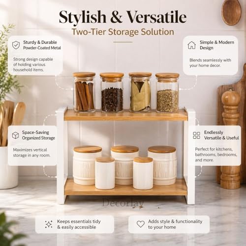 Decorlay Metal & Wooden Spice Rack Organizer Space Saver Counter-top Storage for Kitchen, Bathroom, Office, and Cosmetics (White + Beech, Two - Tier) - Image 2