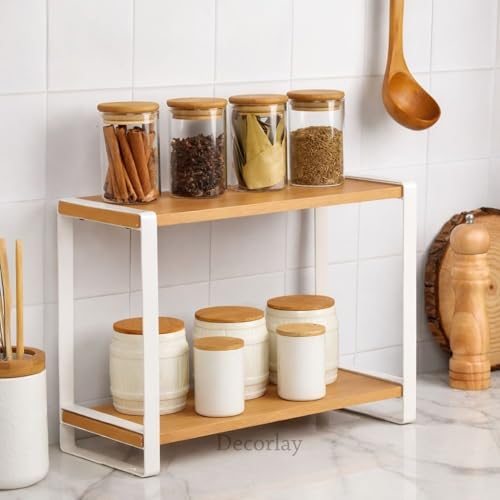 Decorlay Metal & Wooden Spice Rack Organizer Space Saver Counter-top Storage for Kitchen, Bathroom, Office, and Cosmetics (White + Beech, Two - Tier) - Image 4
