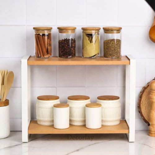 Decorlay Metal & Wooden Spice Rack Organizer Space Saver Counter-top Storage for Kitchen, Bathroom, Office, and Cosmetics (White + Beech, Two - Tier) - Image 5
