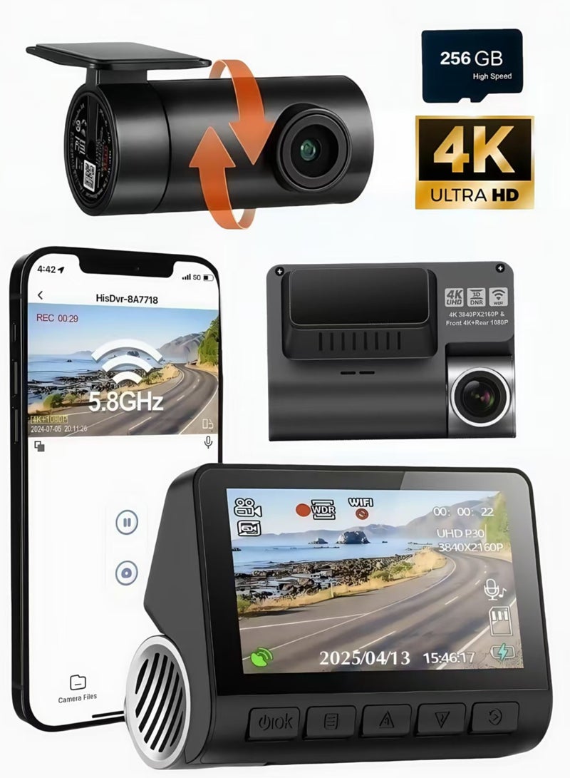 Generic Dash Cam Front and Rear, 4KFull HD Dash Cam, Free 256GB Card, Built-in Wi-Fi , 3-inch IPS Screen, Night Vision, 170° Wide Angle, WDR, 24-hour Parking Mode  - Image 1