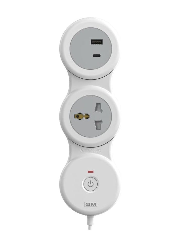 GM GM 2+1 G-Hoop Spike Guard with A & C Type USB-Master Switch,Indicator, Safety Shutter, 1.8 Mtr Wire with Overload Protection 1 International sockets & 2 USB Port 1 C Type 1 A Type 3.1A  - Image 1