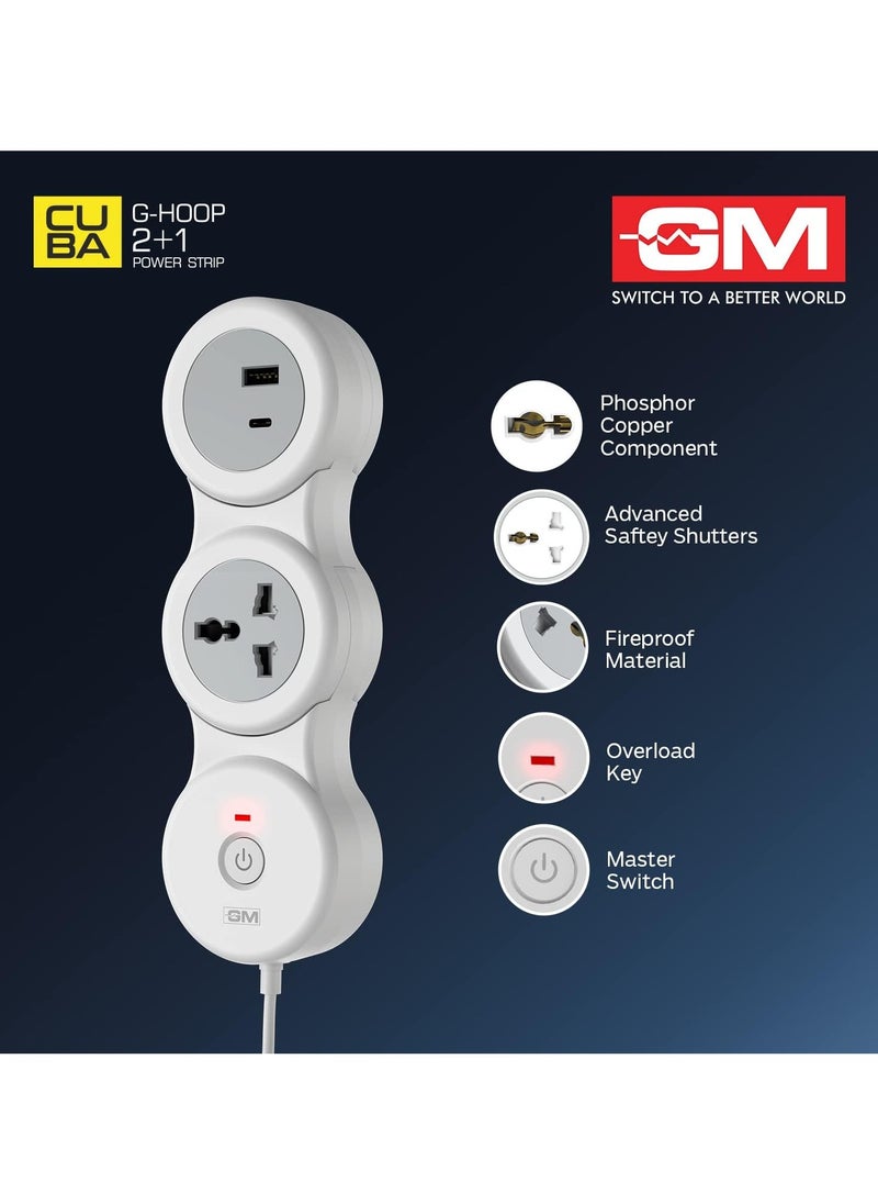 GM GM 2+1 G-Hoop Spike Guard with A & C Type USB-Master Switch,Indicator, Safety Shutter, 1.8 Mtr Wire with Overload Protection 1 International sockets & 2 USB Port 1 C Type 1 A Type 3.1A  - Image 3