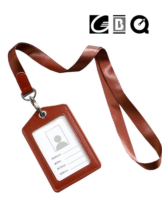 GBQ Double-sided Transparent Leather Work Card Sleeve Staff Work Card Leather Card Cover With Lanyard Work Card Brand Badge Sleeve ID Card Brown  - Image 1