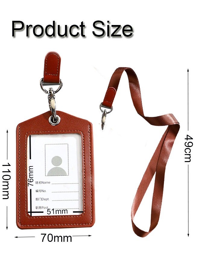 GBQ Double-sided Transparent Leather Work Card Sleeve Staff Work Card Leather Card Cover With Lanyard Work Card Brand Badge Sleeve ID Card Brown  - Image 2