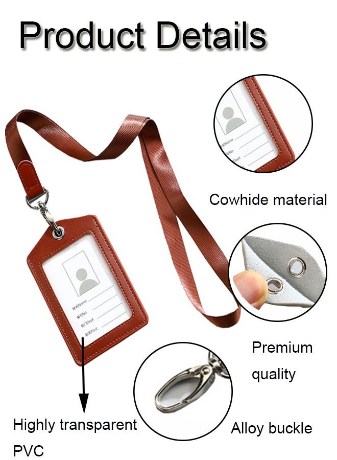 GBQ Double-sided Transparent Leather Work Card Sleeve Staff Work Card Leather Card Cover With Lanyard Work Card Brand Badge Sleeve ID Card Brown  - Image 3