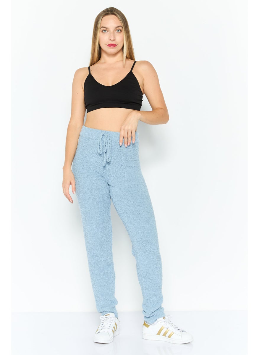 NIA Women Regular Fit Ribbed Plush Sweatpants, Light Blue  - Image 2
