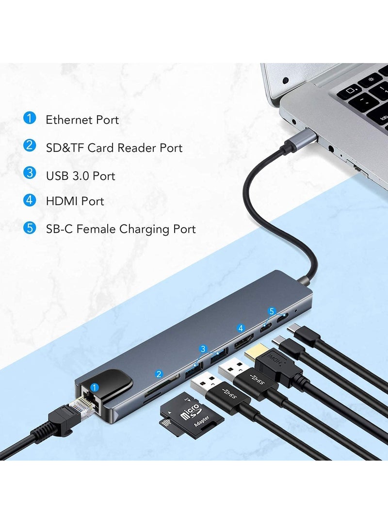 Excefore USB C 8 in 1 Hub Multiport Adapter 3.1 Type C Dock Station with 4K HDMI, SD Card Reader, PD Charger Port, Gigabit Ethernet, 3 USB 3.0 Ports - Image 3