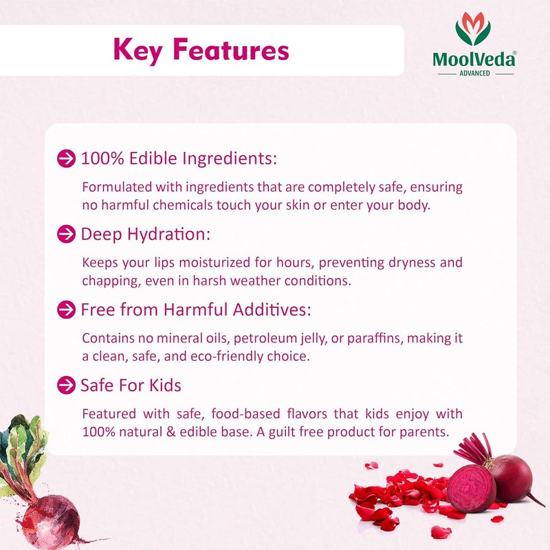 Moolveda Lip Balm Roll on with beetroot rose  100 edible ingredients  no chemicals 10ml - Image 4