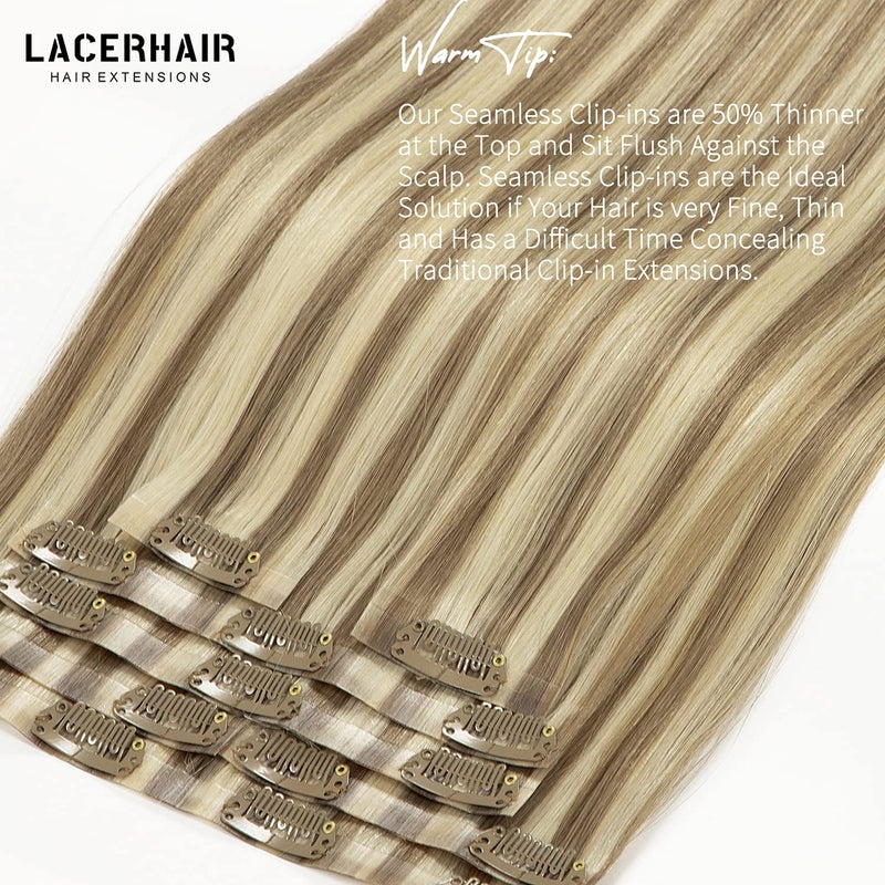 Lacer Hair 7 Pcs Seamless Clip in Hair Extensions Human Hair Ombre Color Light Brown Highlighted Platinum Blonde 110g Thick Ends Remy Hair Extensions Clip in Full Head Natural Real Human Hair 18 Inch - Image 5
