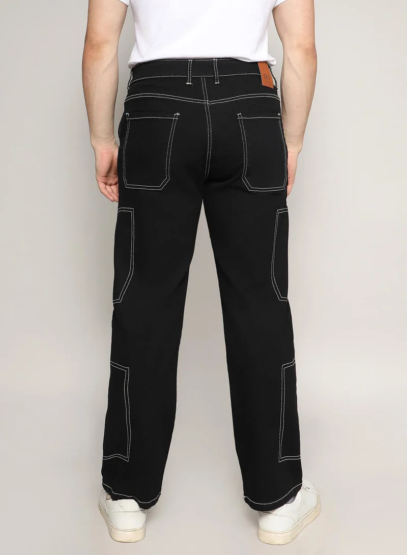 Campus Sutra Men's Jet Black Contrast Stitched Denim Jeans