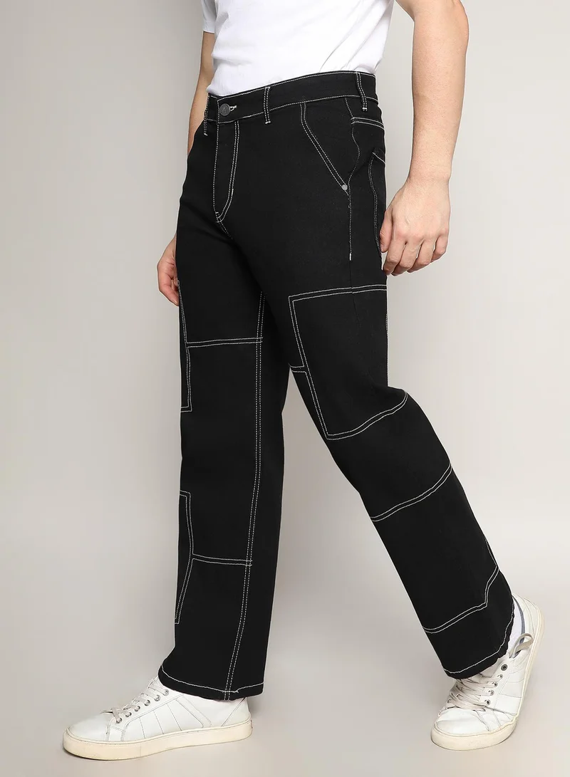 Campus Sutra Men's Jet Black Contrast Stitched Denim Jeans