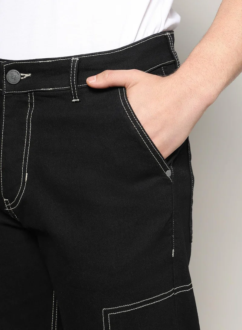 Campus Sutra Men's Jet Black Contrast Stitched Denim Jeans