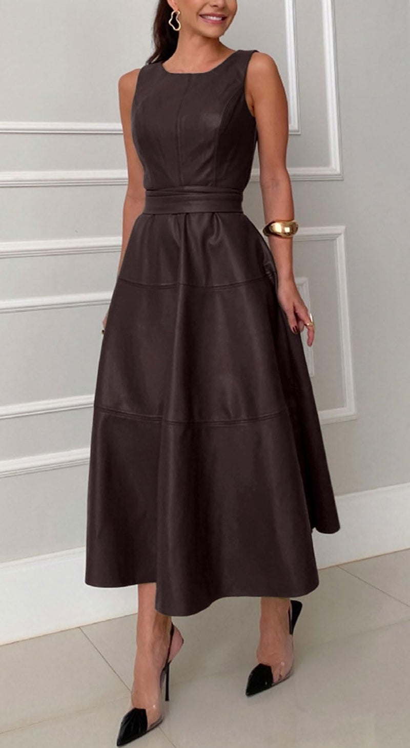 CHARTOU Women PU Faux Leather Sleeveless Elegant Flowy Long Dress Party Night Out Dress with Belt (Large, Coffee) - Image 2