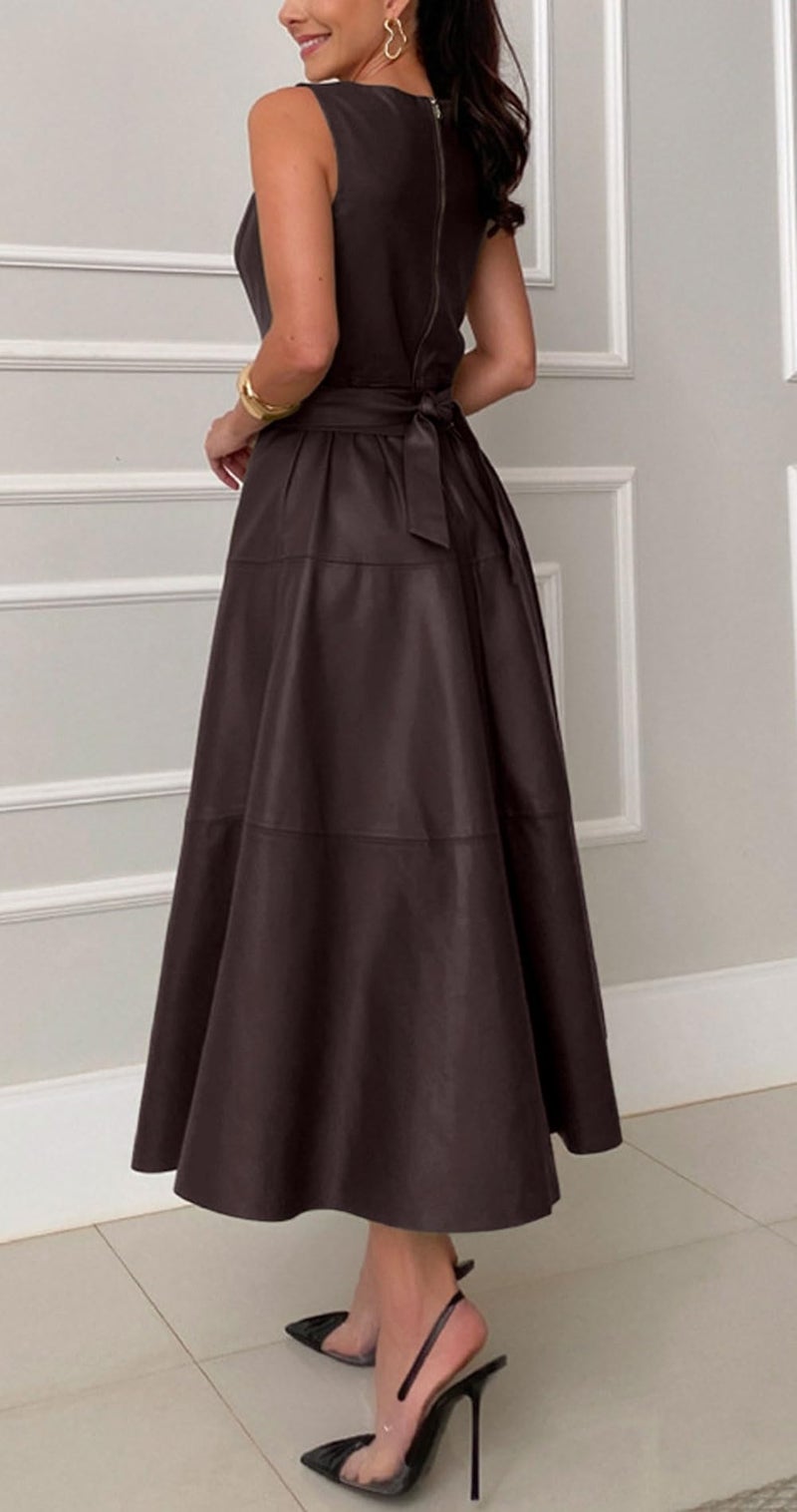 CHARTOU Women PU Faux Leather Sleeveless Elegant Flowy Long Dress Party Night Out Dress with Belt (Large, Coffee) - Image 3
