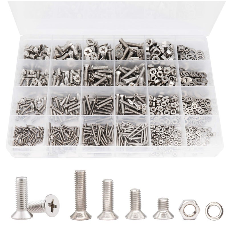 binifiMux 940pcs M2 M3 M4 M5 Phillips Countersunk Flat Head Machine Screws Hex Nuts Flat Washers Assortment - Image 1