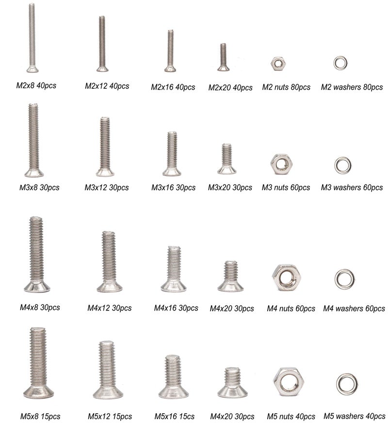 binifiMux 940pcs M2 M3 M4 M5 Phillips Countersunk Flat Head Machine Screws Hex Nuts Flat Washers Assortment - Image 2