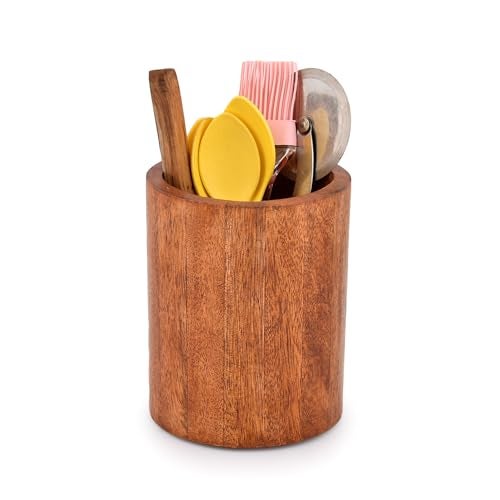 EDHAS Natural Mango Wood Cooking Utensil Holder for Countertop, Spoons, Cooking Tools, etc. (5" x 5" x 6") - Image 1