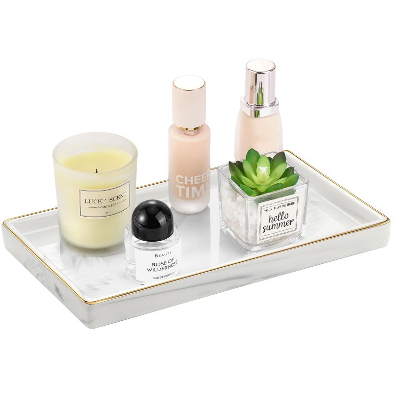 Luxspire Marble Ceramic Vanity Tray 11 Gold and White Counter Tray for Dresser Kitchen Perfume Bathroom Accessories