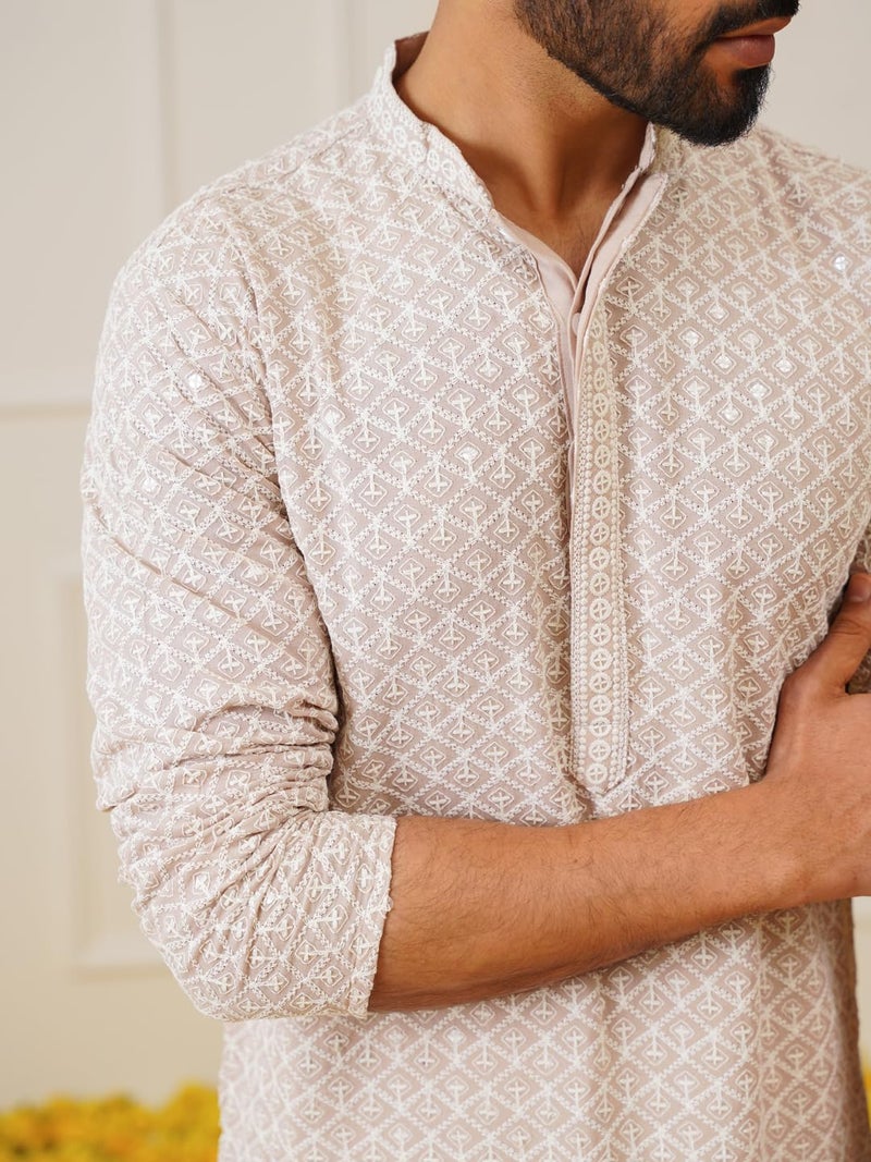 Jompers Men's Beige Sequin Embroidered Pure Cotton Kurta with Pyjamas (Beige, L) - Image 4