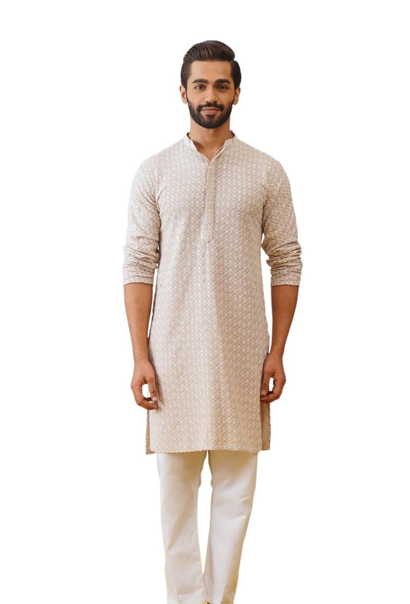 Jompers Men's Beige Sequin Embroidered Pure Cotton Kurta with Pyjamas (Beige, L) - Image 1