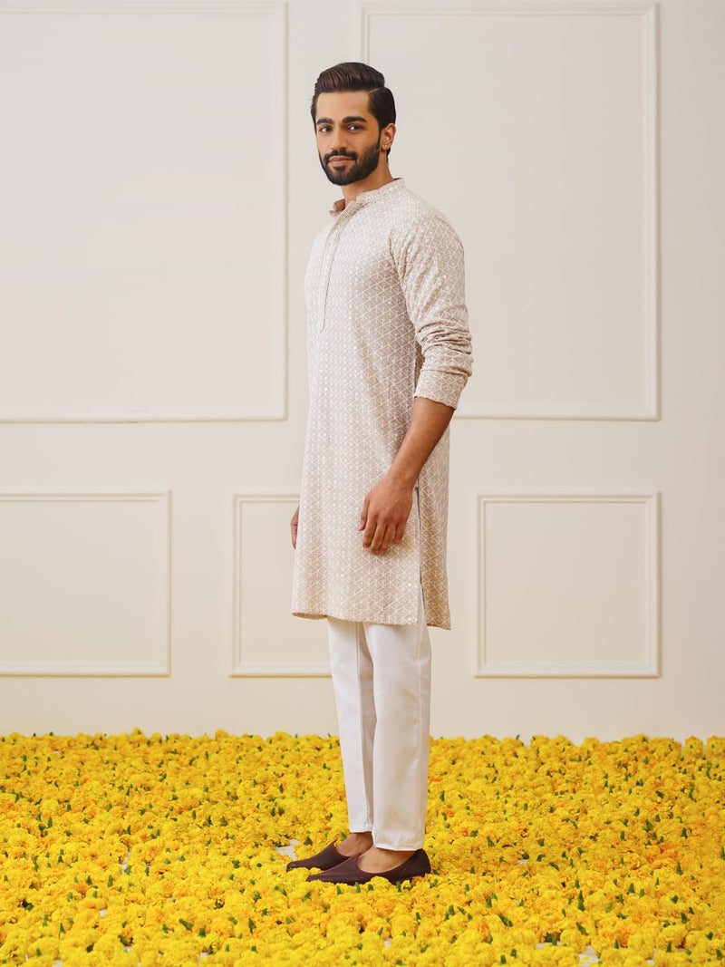Jompers Men's Beige Sequin Embroidered Pure Cotton Kurta with Pyjamas (Beige, L) - Image 3