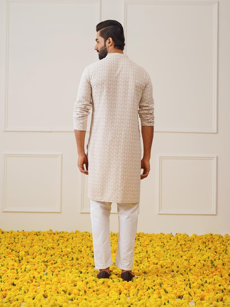 Jompers Men's Beige Sequin Embroidered Pure Cotton Kurta with Pyjamas (Beige, L) - Image 2