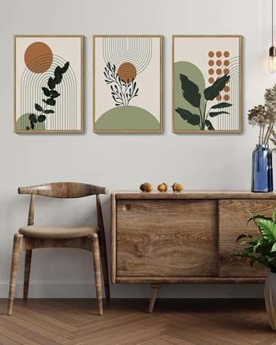 PHOPAGO Boho Plant Wall Art Green Botanical Bohemain Framed Wall Printing 11x14in Abstract Canvas Prints with Leaf Sun Lines Natural Framed - Image 3