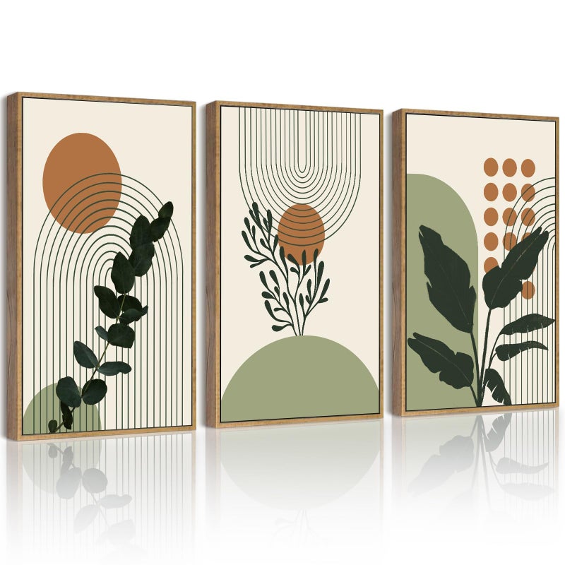 PHOPAGO Boho Plant Wall Art Green Botanical Bohemain Framed Wall Printing 11x14in Abstract Canvas Prints with Leaf Sun Lines Natural Framed - Image 2