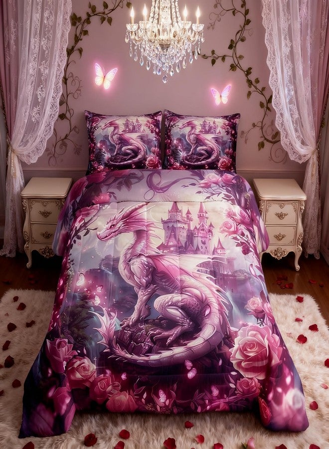 Man Fei Dragon Kids Comforter Set Twin Size,Tale Castle Dragon Theme Bedding Set,Girls Boys Room Decor,Roses Flowers Butterfly Romantic Down Comforter,Pink Dreamy Duvet Insert,1 Pillowcase - Image 1