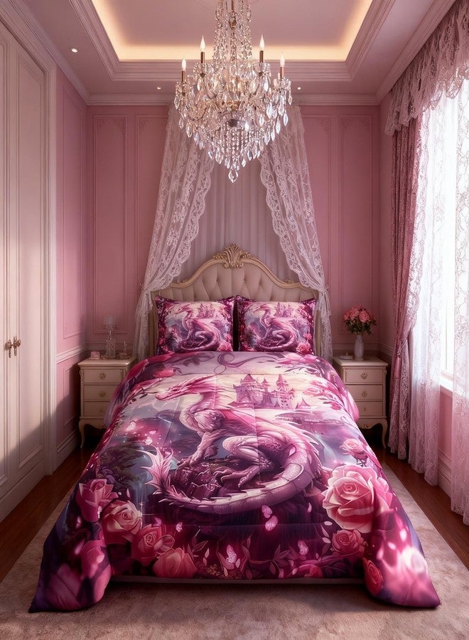 Man Fei Dragon Kids Comforter Set Twin Size,Tale Castle Dragon Theme Bedding Set,Girls Boys Room Decor,Roses Flowers Butterfly Romantic Down Comforter,Pink Dreamy Duvet Insert,1 Pillowcase - Image 2
