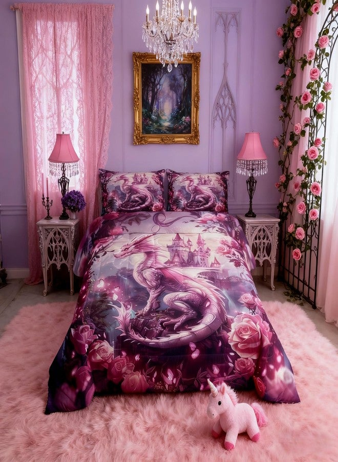 Man Fei Dragon Kids Comforter Set Twin Size,Tale Castle Dragon Theme Bedding Set,Girls Boys Room Decor,Roses Flowers Butterfly Romantic Down Comforter,Pink Dreamy Duvet Insert,1 Pillowcase - Image 3