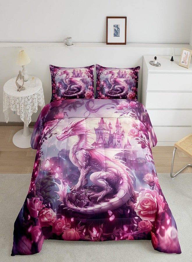 Man Fei Dragon Kids Comforter Set Twin Size,Tale Castle Dragon Theme Bedding Set,Girls Boys Room Decor,Roses Flowers Butterfly Romantic Down Comforter,Pink Dreamy Duvet Insert,1 Pillowcase - Image 5