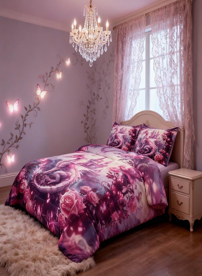 Man Fei Dragon Kids Comforter Set Twin Size,Tale Castle Dragon Theme Bedding Set,Girls Boys Room Decor,Roses Flowers Butterfly Romantic Down Comforter,Pink Dreamy Duvet Insert,1 Pillowcase - Image 4