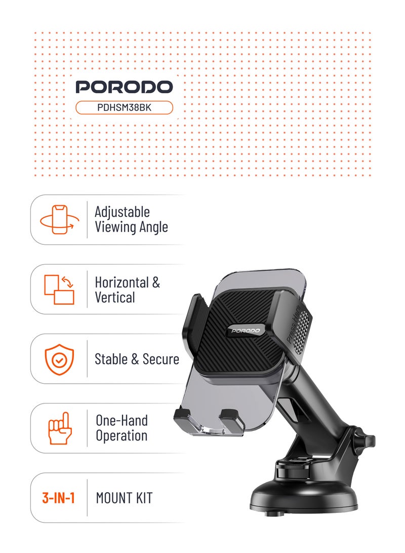 porodo 3 in 1 Mount Kit Multifunctional  Phone Holder Suitable for Air Vent, Dashboard and Windshield / Mobile Phone Holder / Car Phone Mount / Adjustable Viewing Angle / Horizontal & Vertical - Black - Image 2