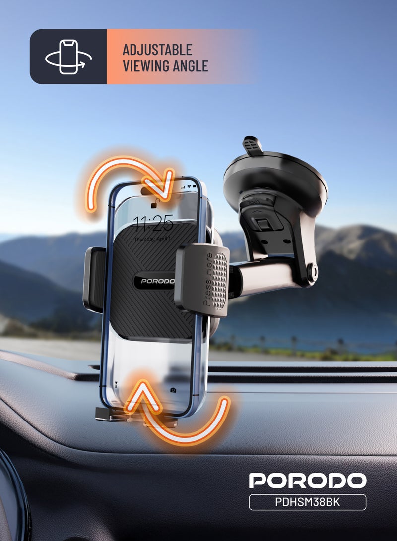 porodo 3 in 1 Mount Kit Multifunctional  Phone Holder Suitable for Air Vent, Dashboard and Windshield / Mobile Phone Holder / Car Phone Mount / Adjustable Viewing Angle / Horizontal & Vertical - Black - Image 4