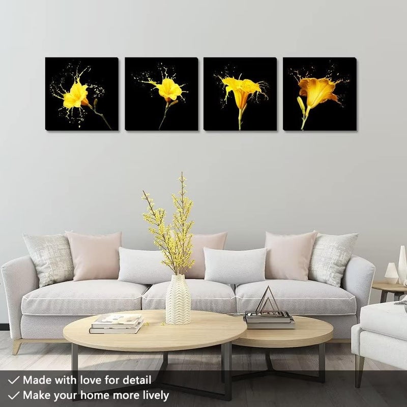 Wall HDQ Yellow Flower Wall Art Black Canvas Wall Decor Modern Giclee Prints Artwork for Living Room Bedroom Office Bathroom Home Wall Decor Framed Ready to Hang (12x12inchx4) - Image 3