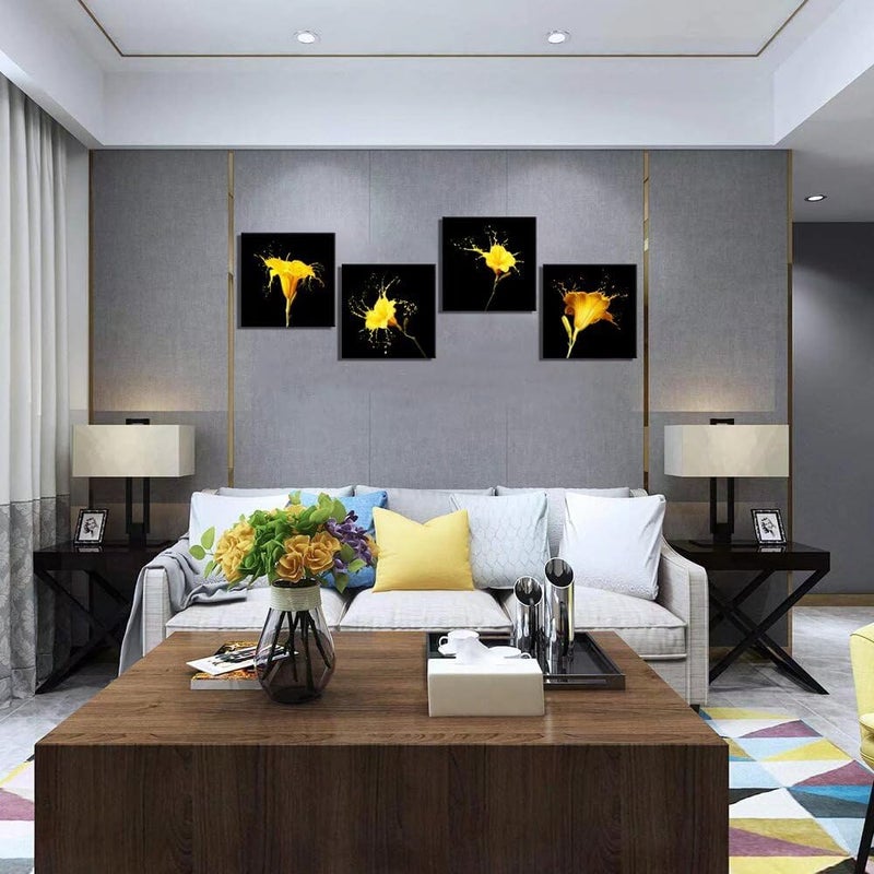 Wall HDQ Yellow Flower Wall Art Black Canvas Wall Decor Modern Giclee Prints Artwork for Living Room Bedroom Office Bathroom Home Wall Decor Framed Ready to Hang (12x12inchx4) - Image 4