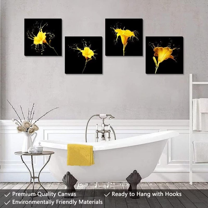 Wall HDQ Yellow Flower Wall Art Black Canvas Wall Decor Modern Giclee Prints Artwork for Living Room Bedroom Office Bathroom Home Wall Decor Framed Ready to Hang (12x12inchx4) - Image 5