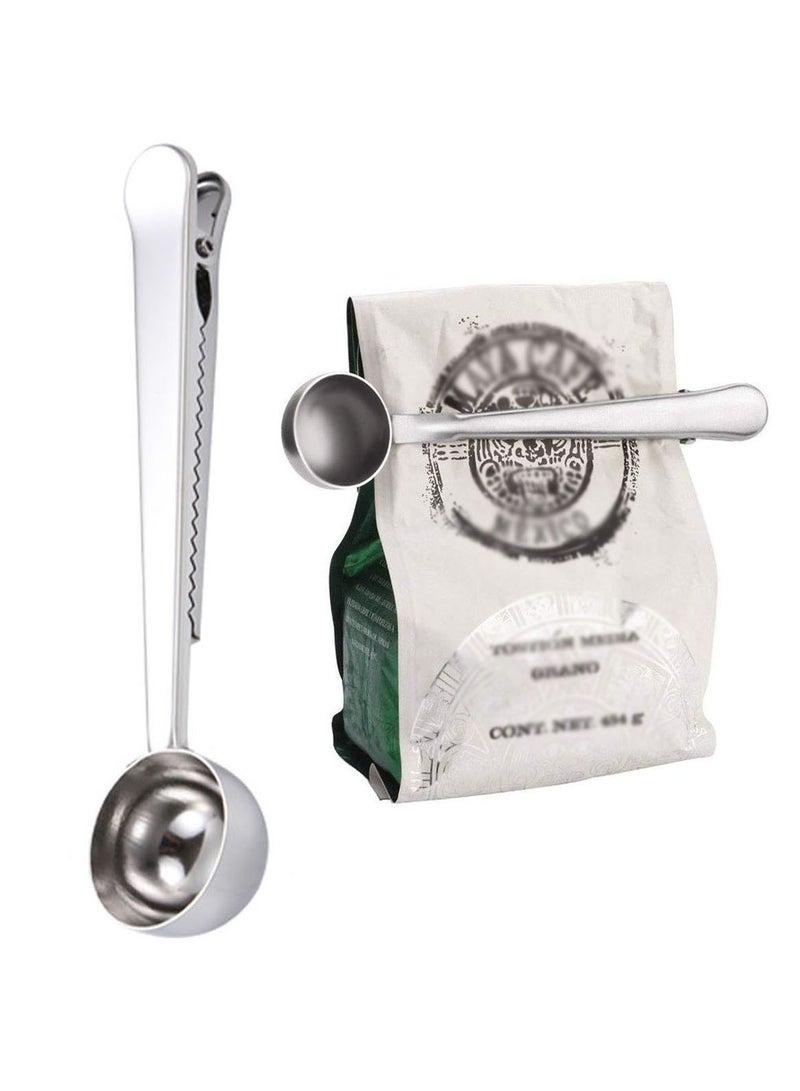 2 in 1 Coffee Spoon With Clip Stainless Steel Tablespoon with Long Handle Sealing Bag Clip (Silver)  - Image 1