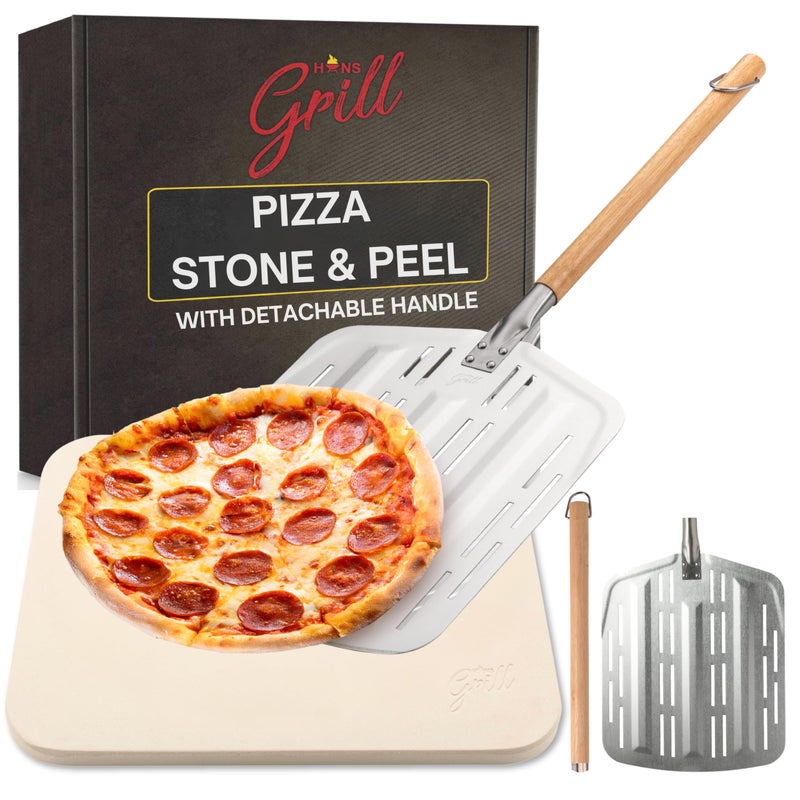 Hans Grill Pizza Stone PRO XL Baking Stone For Pizzas use in Oven Grill or BBQ FREE Long Handled Anodised Aluminium Pizza Peel  Rectangular Stone 15 x 12 Inches  For Pies Pastry Bread Calzone