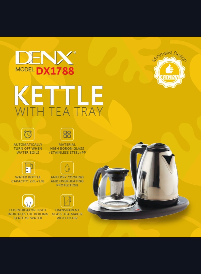 DENX Electric Kettle With Tea Tray, 2 Water Bottle, Capacity 2 Litter + 0.8 Litter Fast Boil, High-Speed Kettle, 360° Rotational Base, DX1788 - Image 3