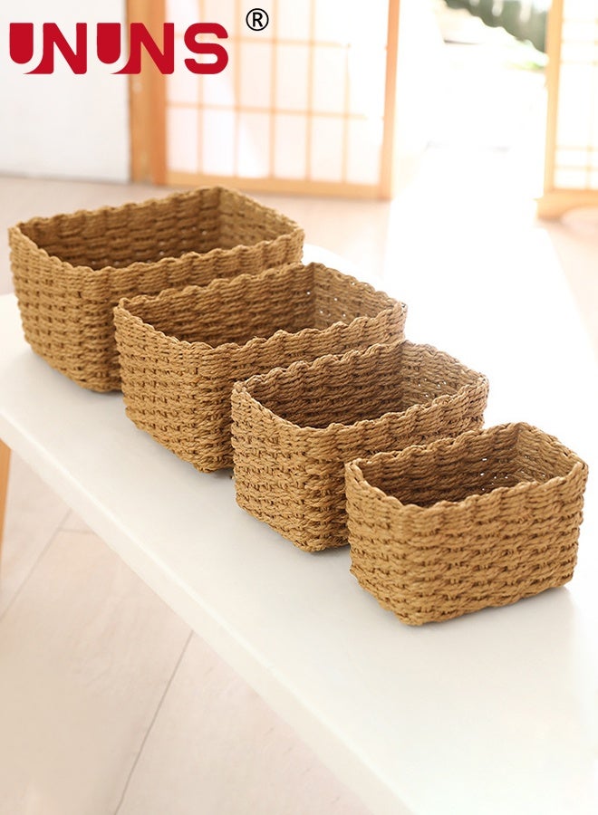 UNUNS 4pcs Woven Storage Basket,Rattan Storage Basket,Handmade Woven Storage Basket,Natural Woven Basket,Hand Woven Baskets Set for Office Cosmetic Desk Drawer Food,Wood - Image 3