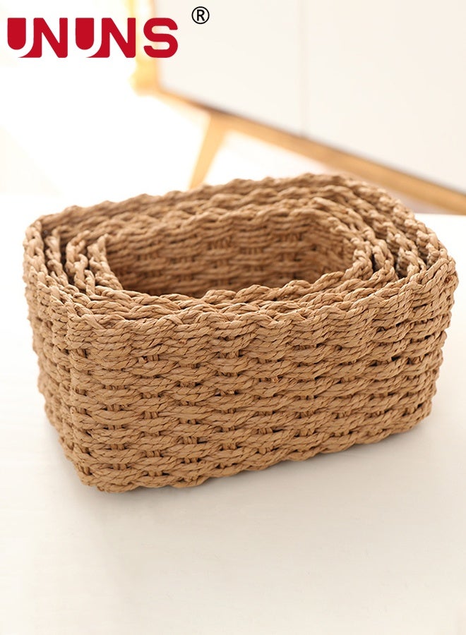 UNUNS 4pcs Woven Storage Basket,Rattan Storage Basket,Handmade Woven Storage Basket,Natural Woven Basket,Hand Woven Baskets Set for Office Cosmetic Desk Drawer Food,Wood - Image 4
