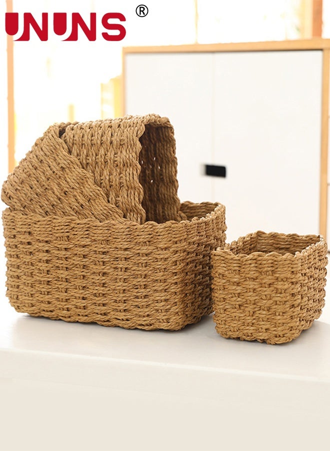 UNUNS 4pcs Woven Storage Basket,Rattan Storage Basket,Handmade Woven Storage Basket,Natural Woven Basket,Hand Woven Baskets Set for Office Cosmetic Desk Drawer Food,Wood - Image 5
