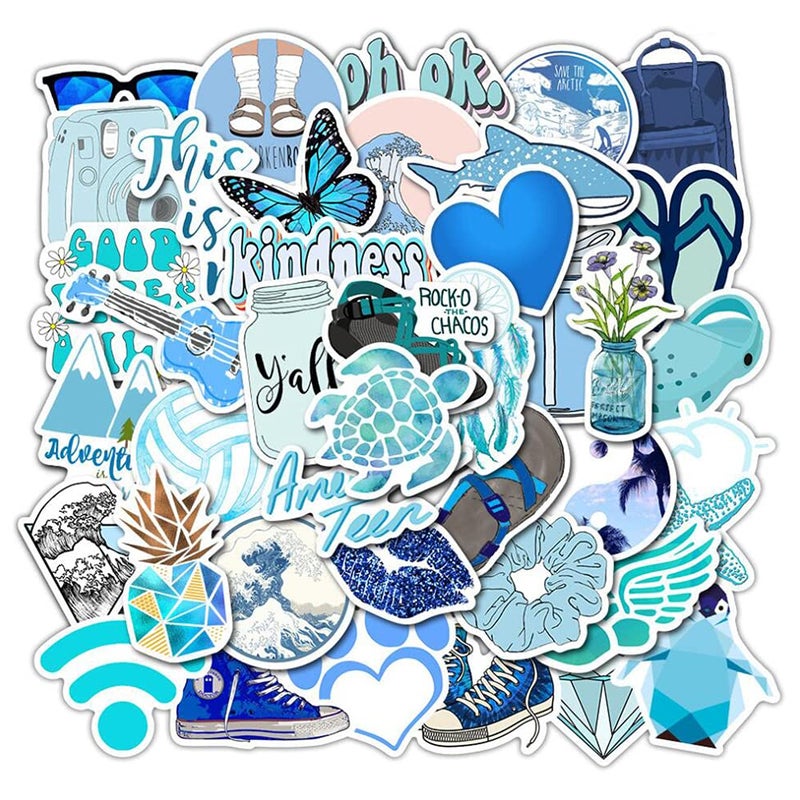 Wooowyet Girl's Blue Aesthetic Stickers - Waterproof Cute Stickers 50 PCS for Water Bottle, Laptop, Phone - Teens & Kids - Image 1