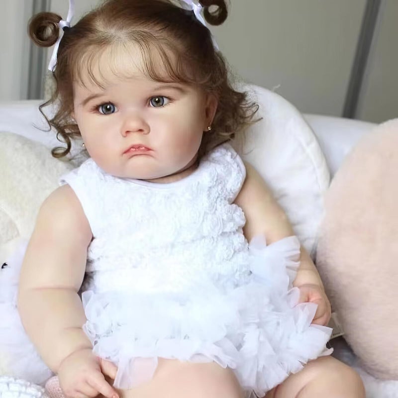 TERABITHIA 24 Inches Realistic Reborn Baby Doll with Blue Eyes & Curly Rooted Hair Lifelike Cloth Body Newborn Toddler Girl Dolls White Lace Outfit & Accessories Gift Set - Image 2