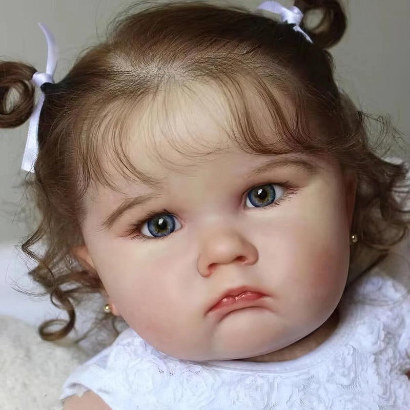 TERABITHIA 24 Inches Realistic Reborn Baby Doll with Blue Eyes & Curly Rooted Hair Lifelike Cloth Body Newborn Toddler Girl Dolls White Lace Outfit & Accessories Gift Set - Image 3