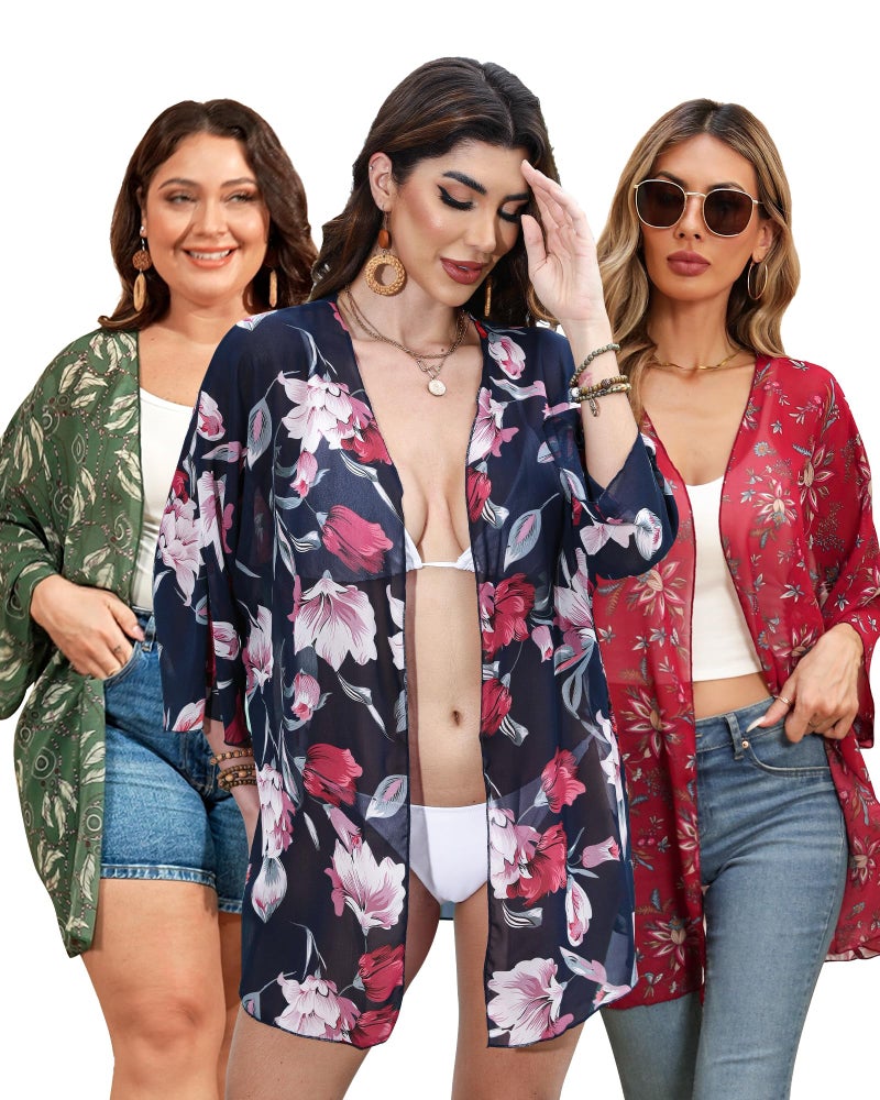 Argstar 3 Pack Women's Kimono Cardigans Casual Summer Tops Cover up Open Front Resort Wear/Beachwear - Image 1
