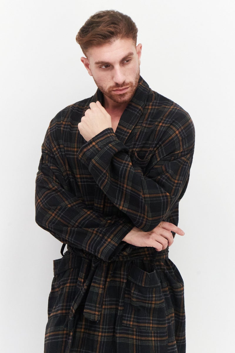 Bottoms Out Men Windowpane Long Sleeve Robe, Black Combo  - Image 4